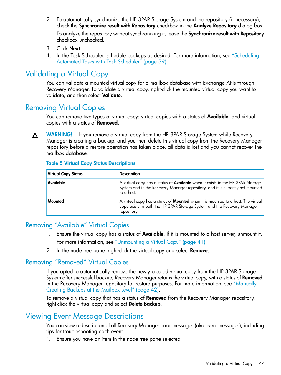 Validating a virtual copy, Removing virtual copies, Removing “available” virtual copies | Removing “removed” virtual copies, Viewing event message descriptions, Validating a virtual copy removing virtual copies | HP 3PAR Application Software Suite for Microsoft Exchange Licenses User Manual | Page 47 / 111