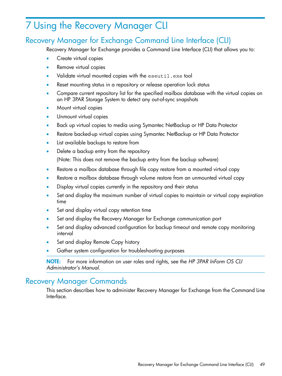 7 using the recovery manager cli, Recovery manager commands, Using the recovery | HP 3PAR Application Software Suite for Microsoft Exchange Licenses User Manual | Page 49 / 111