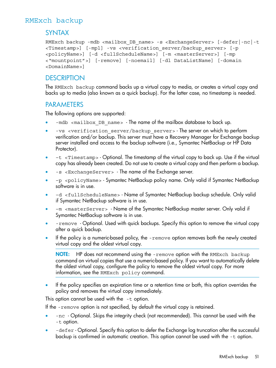 Rmexch backup, Syntax, Description | Parameters | HP 3PAR Application Software Suite for Microsoft Exchange Licenses User Manual | Page 51 / 111