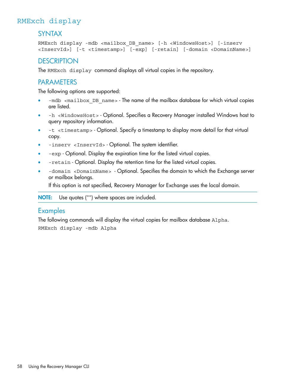 Rmexch display, Syntax, Description | Parameters, Examples | HP 3PAR Application Software Suite for Microsoft Exchange Licenses User Manual | Page 58 / 111