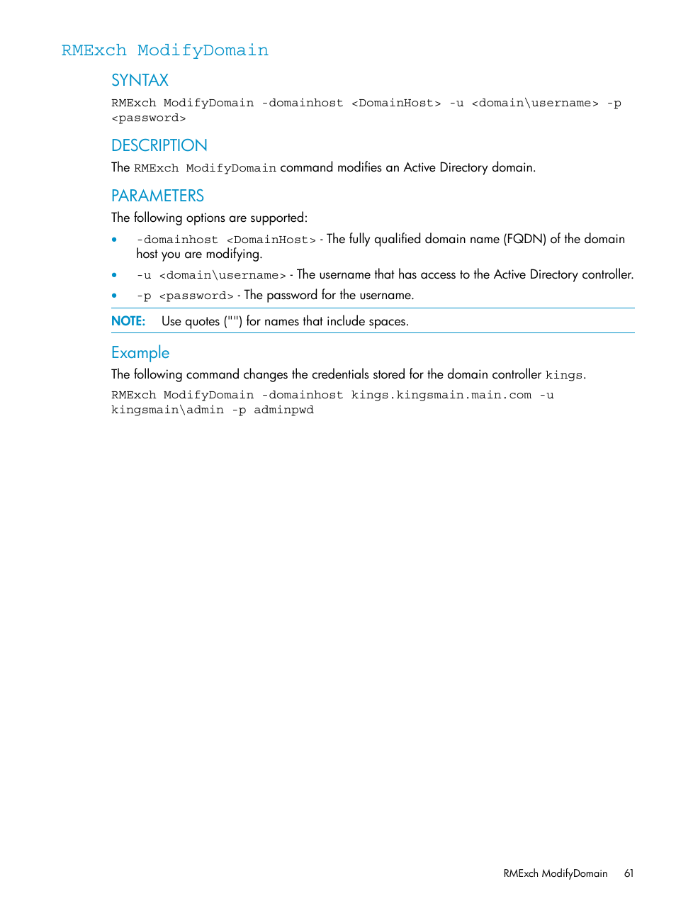 Rmexch modifydomain, Rmexch, Modifydomain | Syntax, Description, Parameters, Example | HP 3PAR Application Software Suite for Microsoft Exchange Licenses User Manual | Page 61 / 111