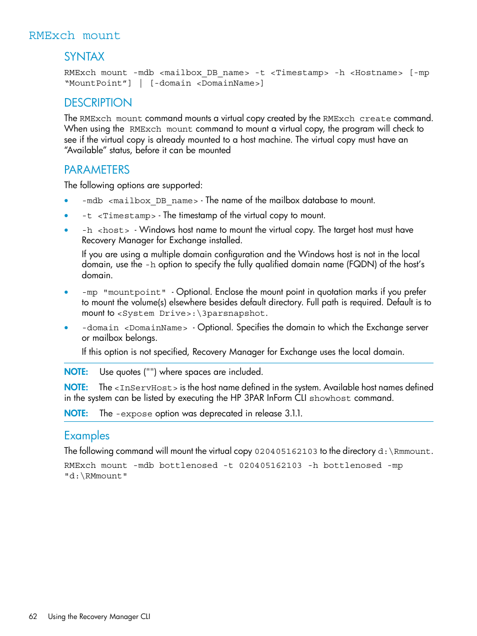 Rmexch mount, Syntax, Description | Parameters, Examples | HP 3PAR Application Software Suite for Microsoft Exchange Licenses User Manual | Page 62 / 111