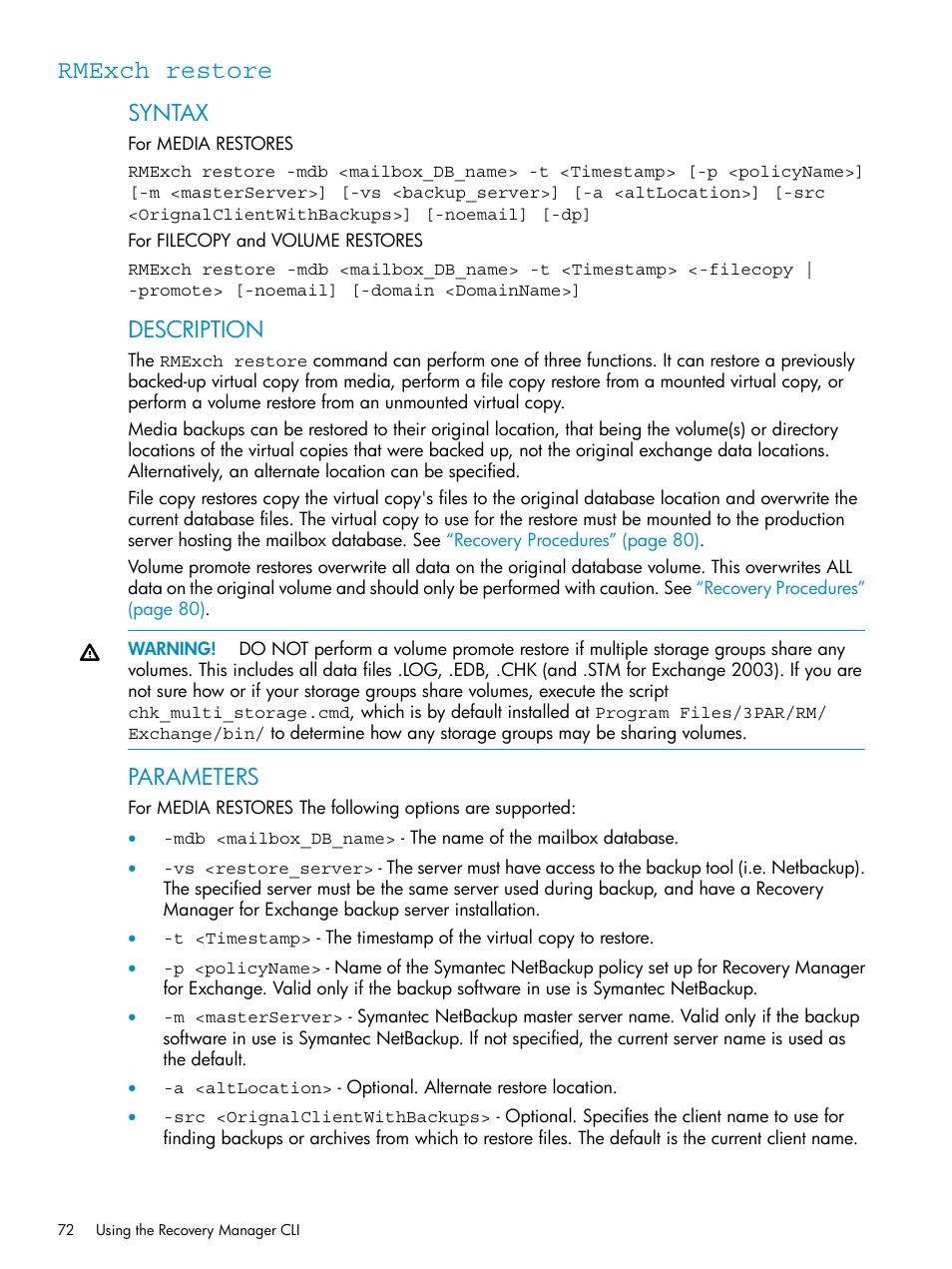 Rmexch restore, Syntax, Description | Parameters | HP 3PAR Application Software Suite for Microsoft Exchange Licenses User Manual | Page 72 / 111