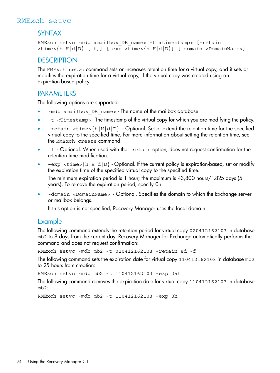 Rmexch setvc, Syntax, Description | Parameters, Example | HP 3PAR Application Software Suite for Microsoft Exchange Licenses User Manual | Page 74 / 111