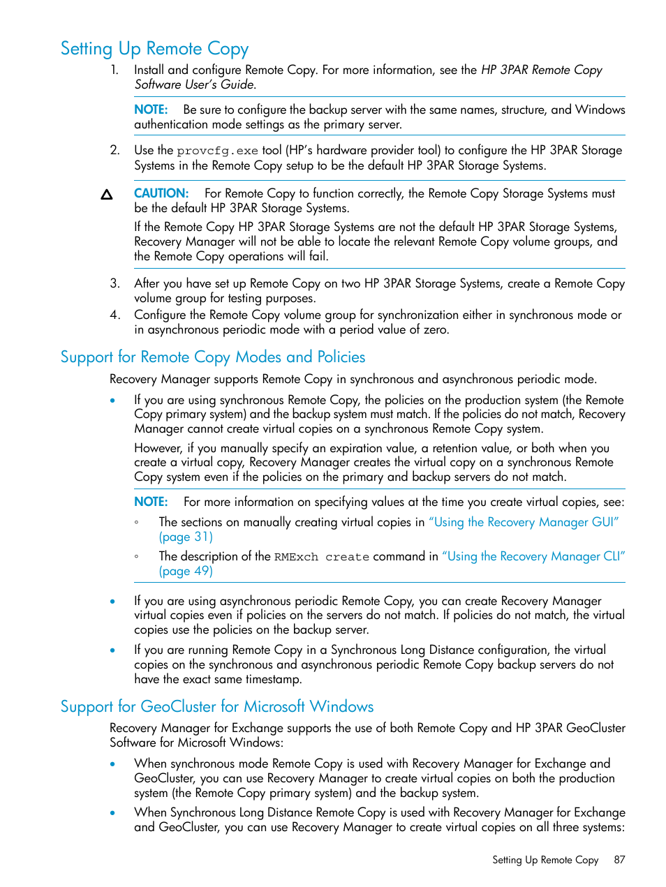 Setting up remote copy, Support for remote copy modes and policies, Support for geocluster for microsoft windows | HP 3PAR Application Software Suite for Microsoft Exchange Licenses User Manual | Page 87 / 111