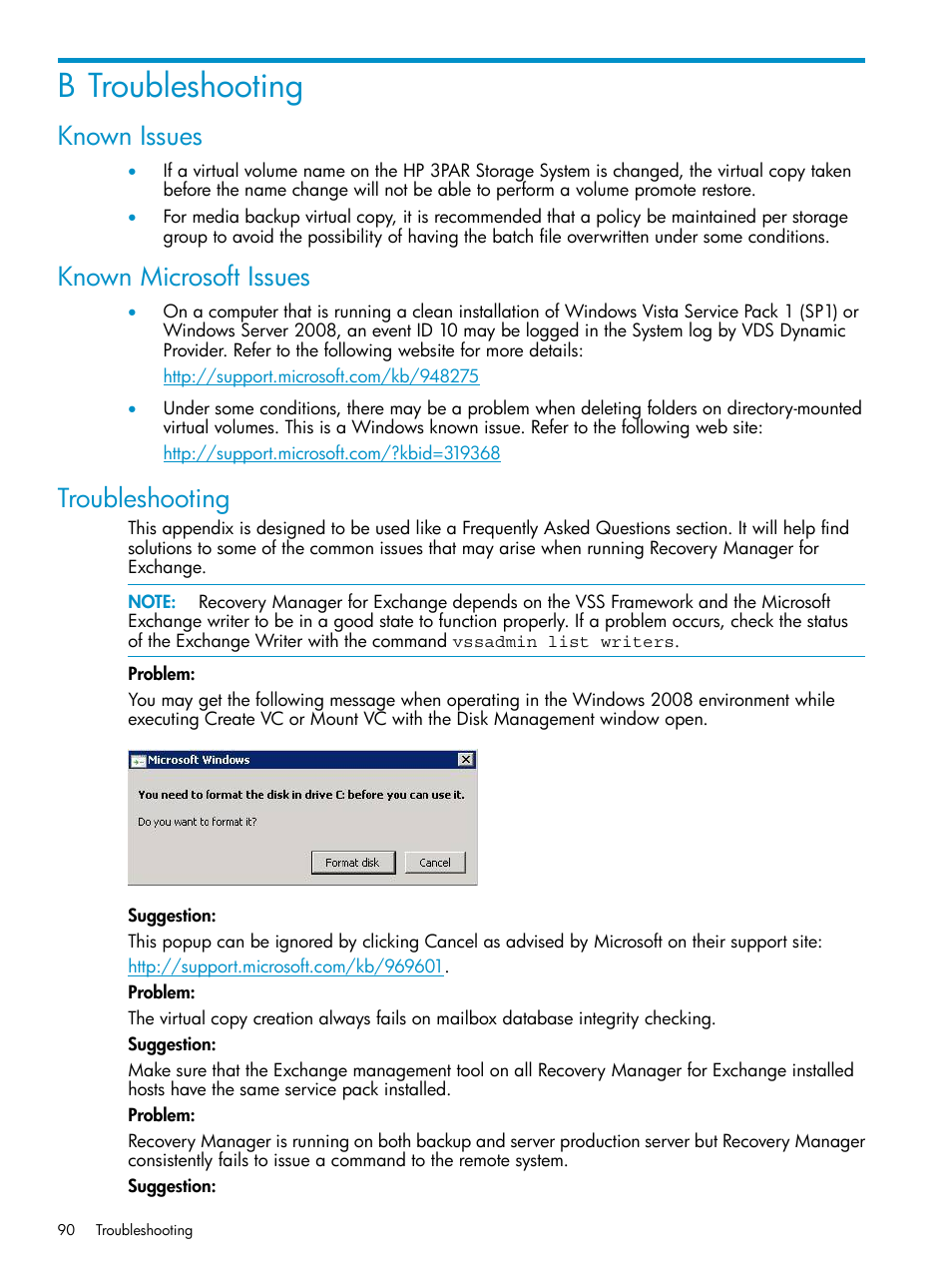 B troubleshooting, Known issues, Known microsoft issues | Troubleshooting | HP 3PAR Application Software Suite for Microsoft Exchange Licenses User Manual | Page 90 / 111