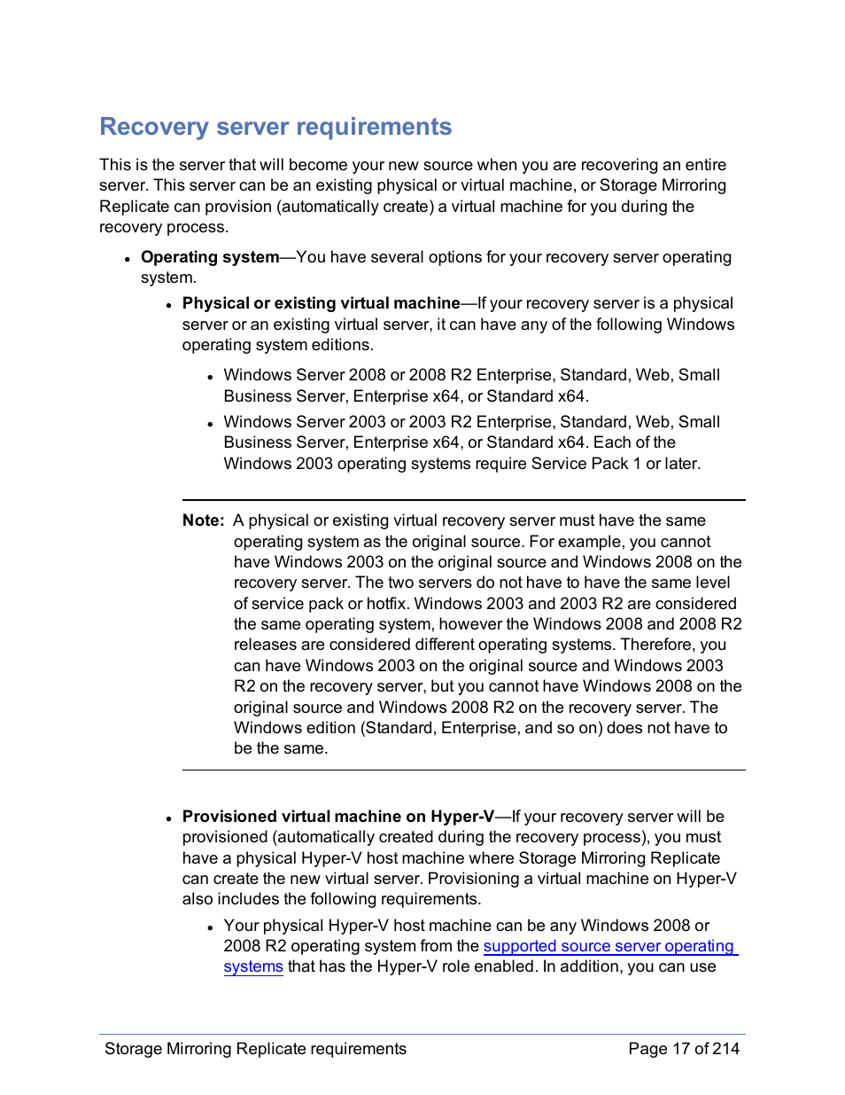 Recovery server requirements | HP Storage Mirroring Software User Manual | Page 18 / 215
