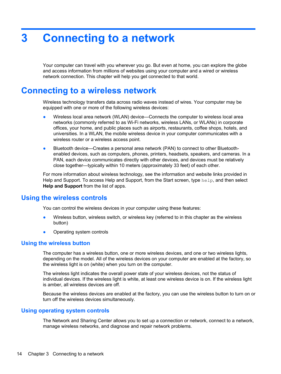Connecting to a network, Connecting to a wireless network, Using the wireless controls | Using the wireless button, Using operating system controls, 3 connecting to a network, Connecting, 3connecting to a network | HP 455 Notebook-PC User Manual | Page 22 / 83