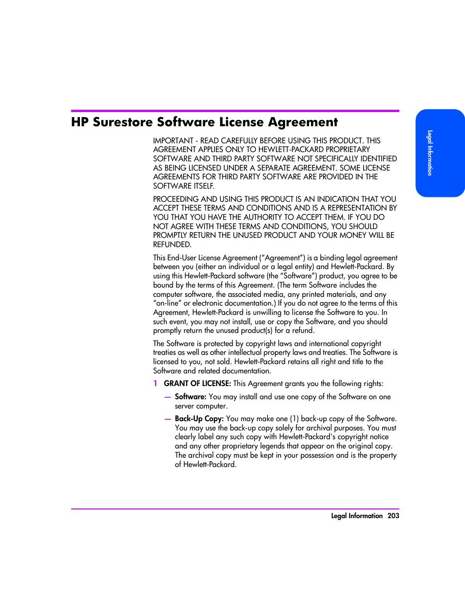 Hp surestore software license agreement, Hp surestore software license agreement 203 | HP StorageWorks 8000 NAS User Manual | Page 205 / 240