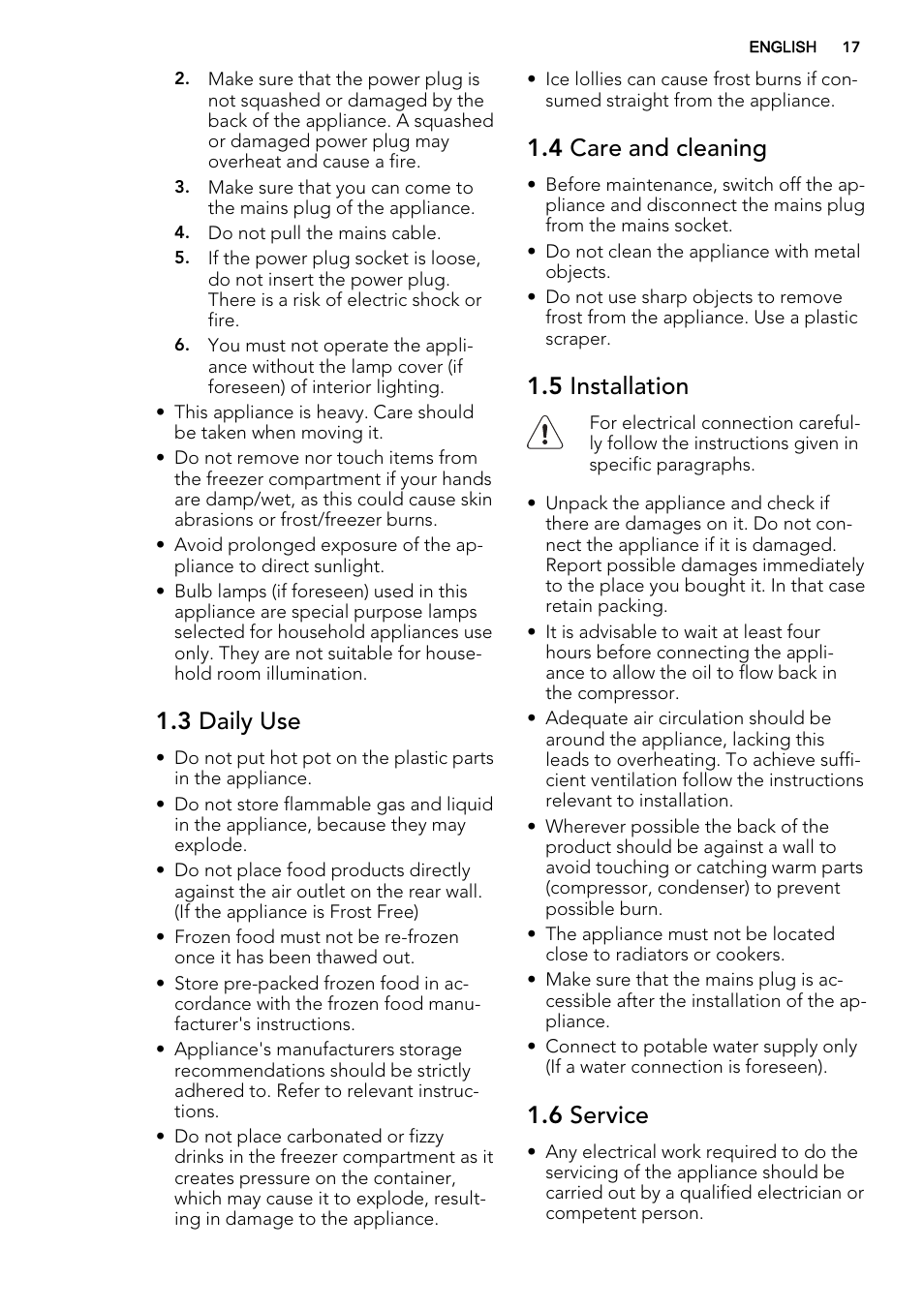 3 daily use, 4 care and cleaning, 5 installation | 6 service | AEG AGN71800F0 User Manual | Page 17 / 72