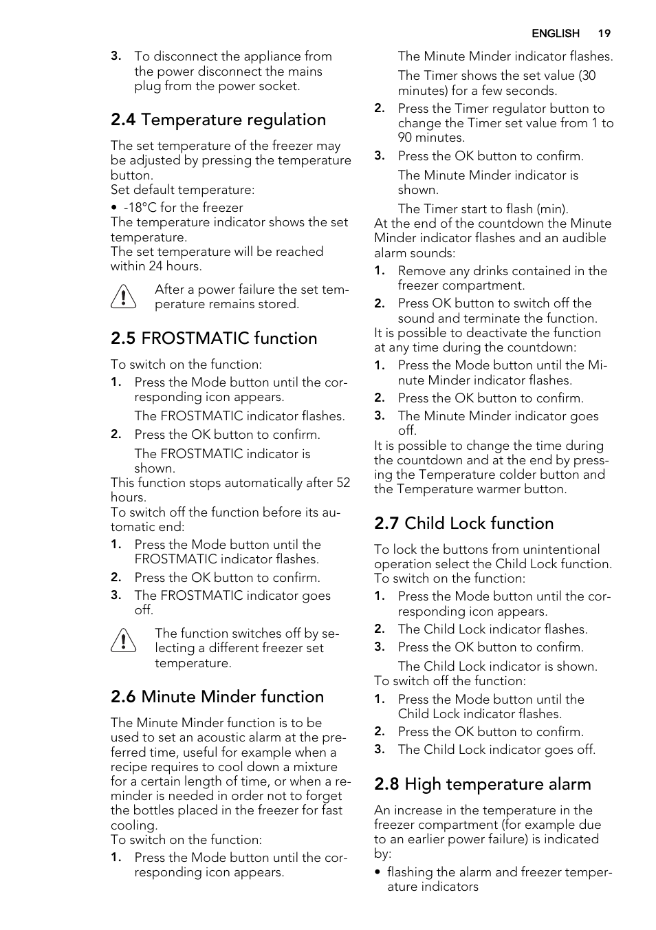 4 temperature regulation, 5 frostmatic function, 6 minute minder function | 7 child lock function, 8 high temperature alarm | AEG AGN71800F0 User Manual | Page 19 / 72