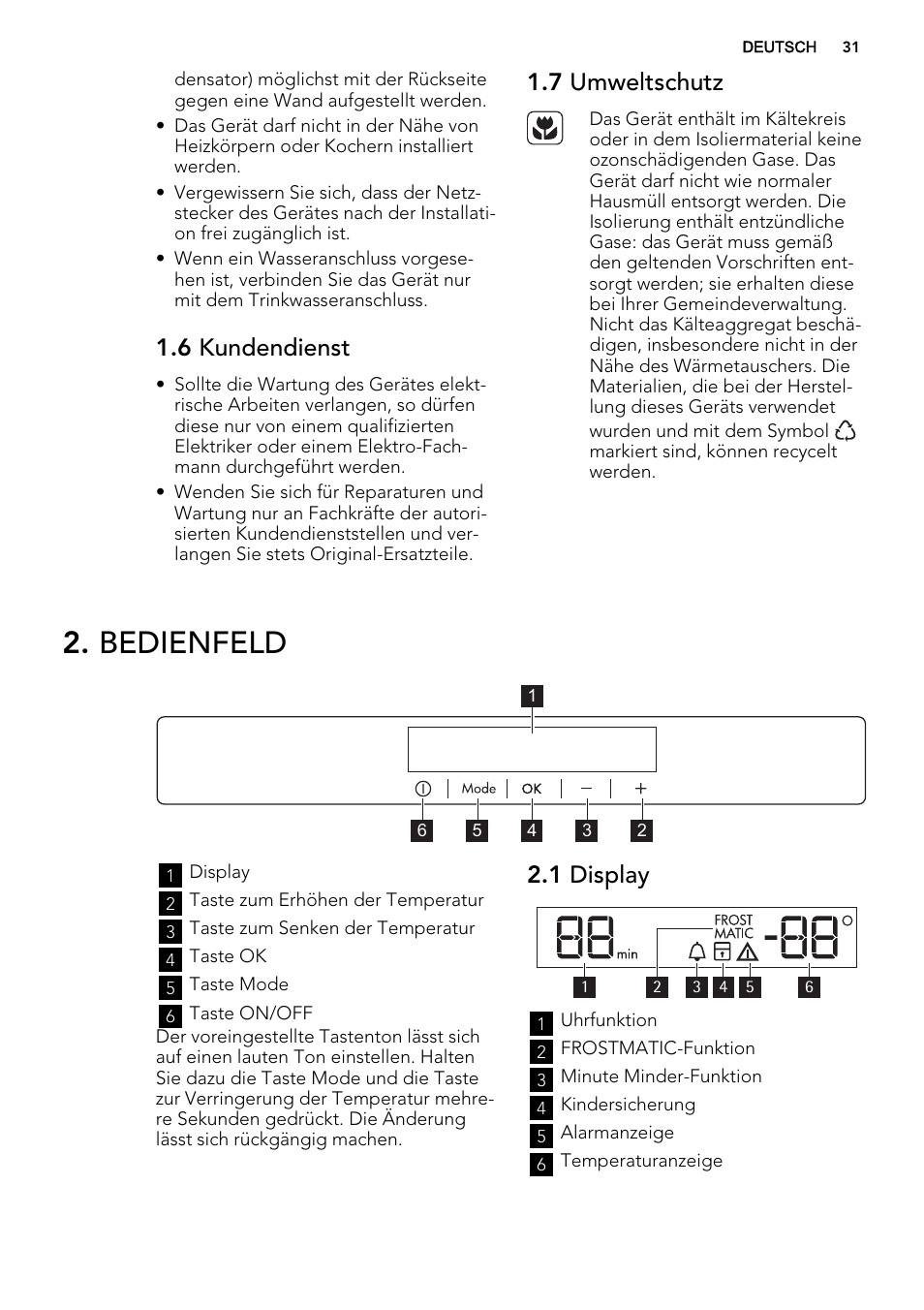 Bedienfeld, 6 kundendienst, 7 umweltschutz | 1 display | AEG AGN71800F0 User Manual | Page 31 / 72