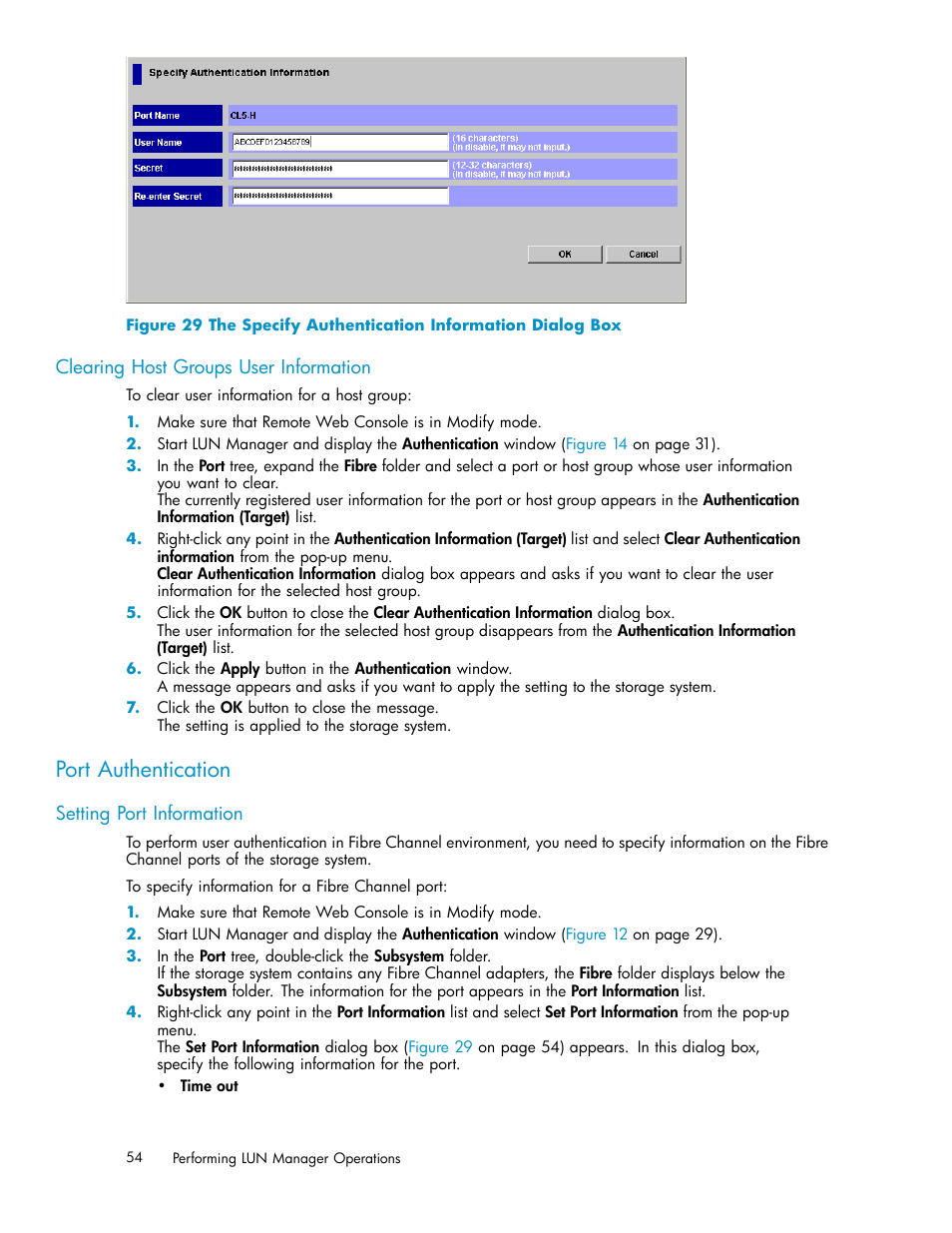 Clearing host groups user information, Port authentication, Setting port information | Figure 29 | HP XP Array Manager Software User Manual | Page 54 / 105
