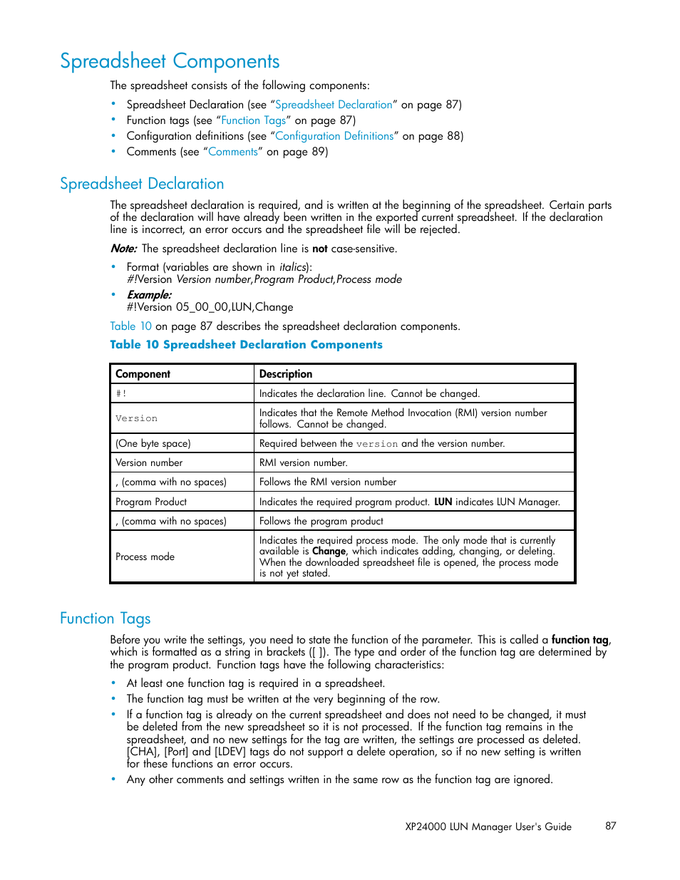 Spreadsheet components, Spreadsheet declaration, Function tags | Spreadsheet declaration components | HP XP Array Manager Software User Manual | Page 87 / 105