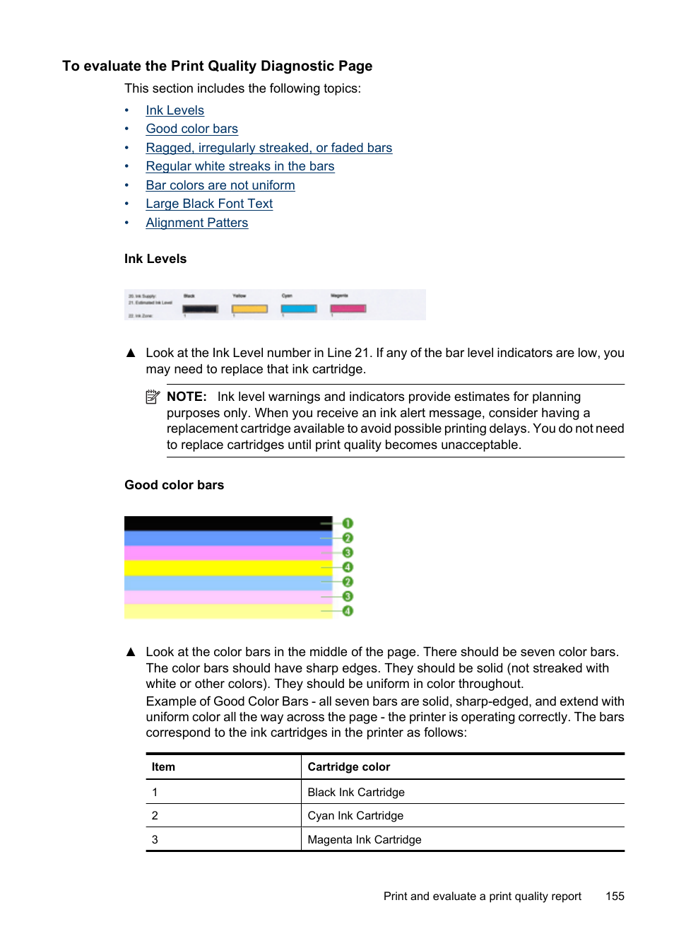 Ink levels, Good color bars | HP Officejet 6500 User Manual | Page 159 / 294