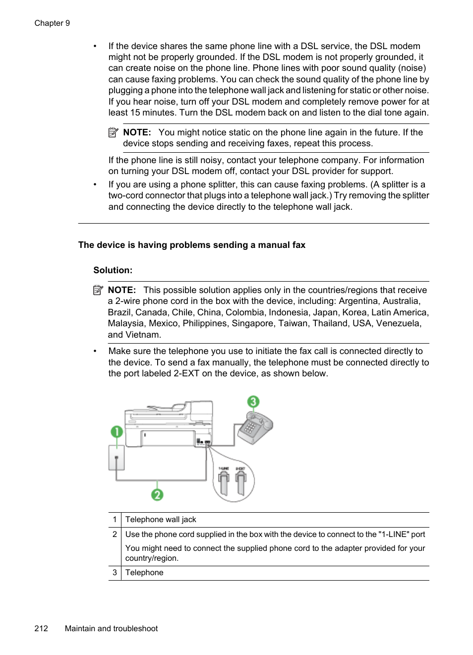 The device is having problems sending a manual fax | HP Officejet 6500 User Manual | Page 216 / 294
