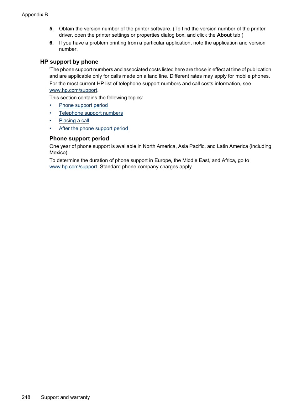 Hp support by phone, Phone support period | HP Officejet 6500 User Manual | Page 252 / 294