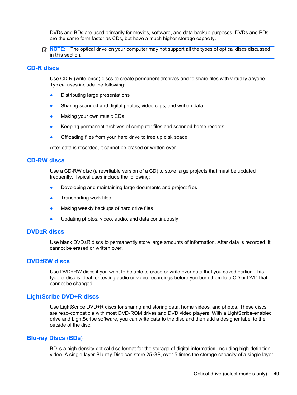 Cd-r discs, Cd-rw discs, Dvd±r discs | Dvd±rw discs, Lightscribe dvd+r discs, Blu-ray discs (bds) | HP Compaq 320 Notebook-PC User Manual | Page 61 / 161