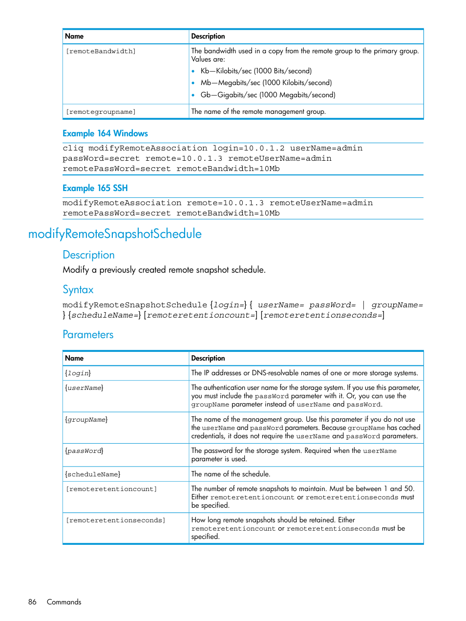 Modifyremotesnapshotschedule, Description, Syntax | Parameters | HP StoreVirtual 4000 Storage User Manual | Page 86 / 122