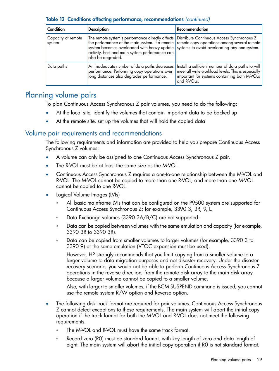 Planning volume pairs, Volume pair requirements and recommendations | HP XP P9500 Storage User Manual | Page 29 / 152