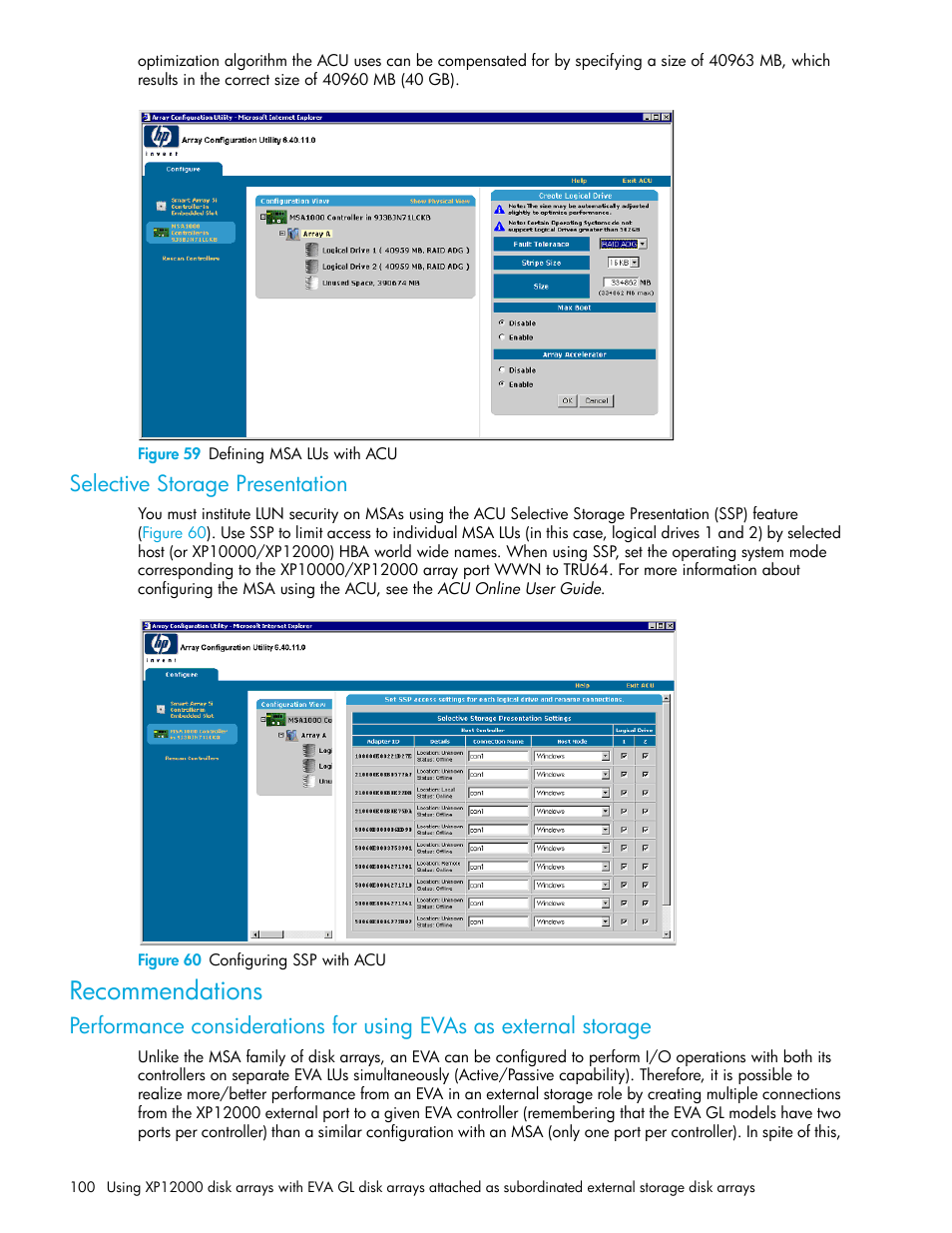 Figure 59 defining msa lus with acu, Selective storage presentation, Figure 60 configuring ssp with acu | Recommendations, 59 defining msa lus with acu, 60 configuring ssp with acu | HP StorageWorks XP Remote Web Console Software User Manual | Page 100 / 106