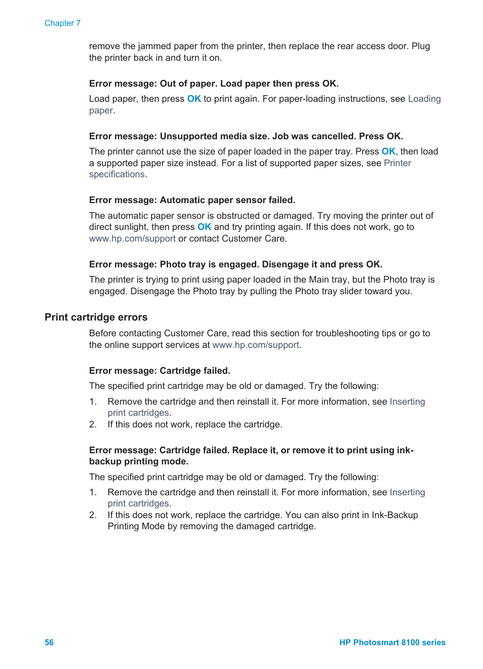 Print cartridge errors | HP Photosmart 8150xi Photo Printer User Manual | Page 59 / 78
