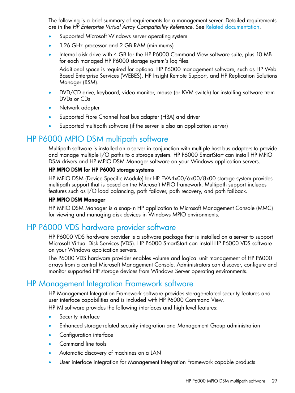 Hp p6000 mpio dsm multipath software, Hp p6000 vds hardware provider software, Hp management integration framework software | HP Command View EVA Software User Manual | Page 29 / 44