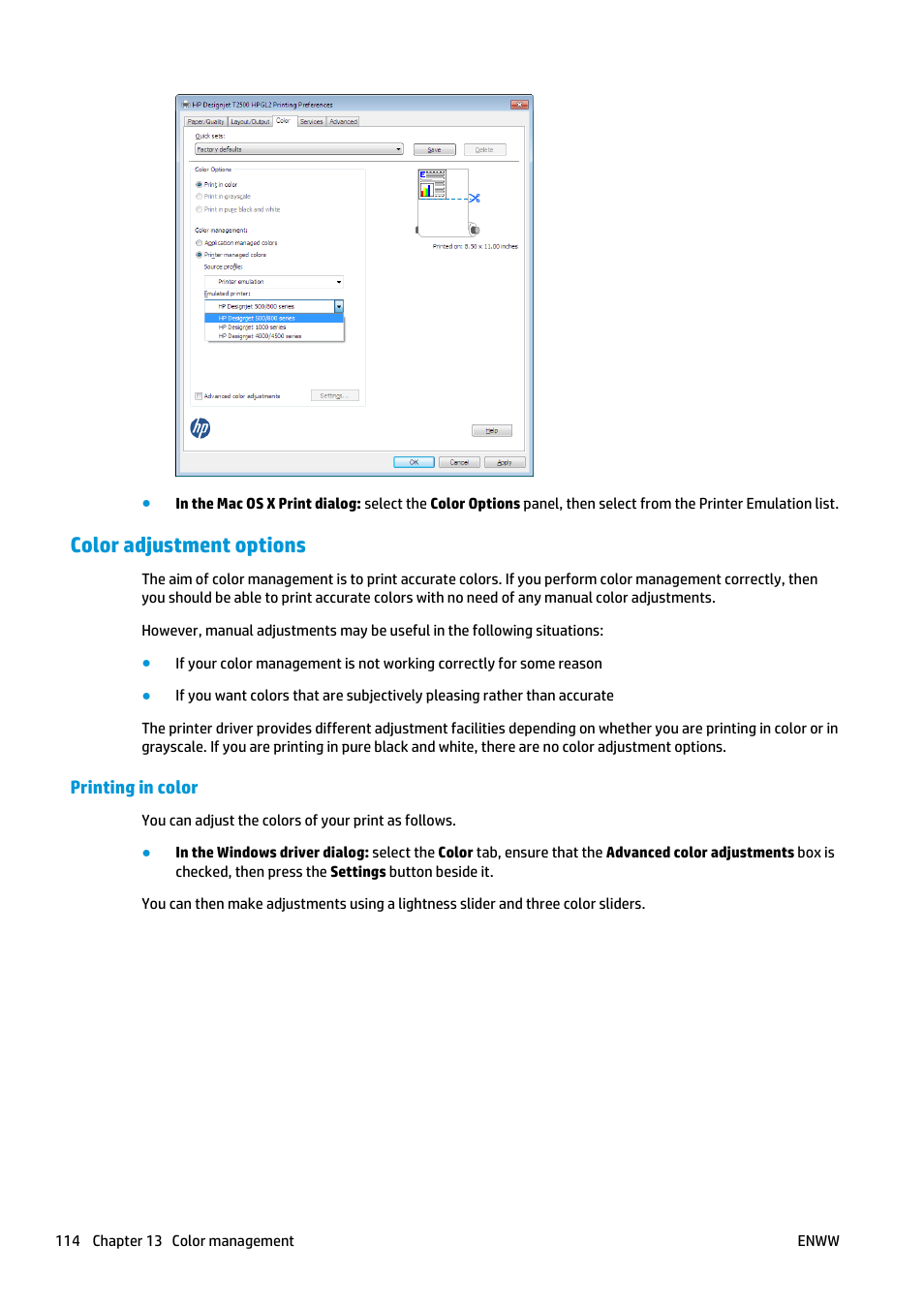 Color adjustment options, Printing in color | HP Designjet T2500 eMultifunction Printer series User Manual | Page 124 / 263