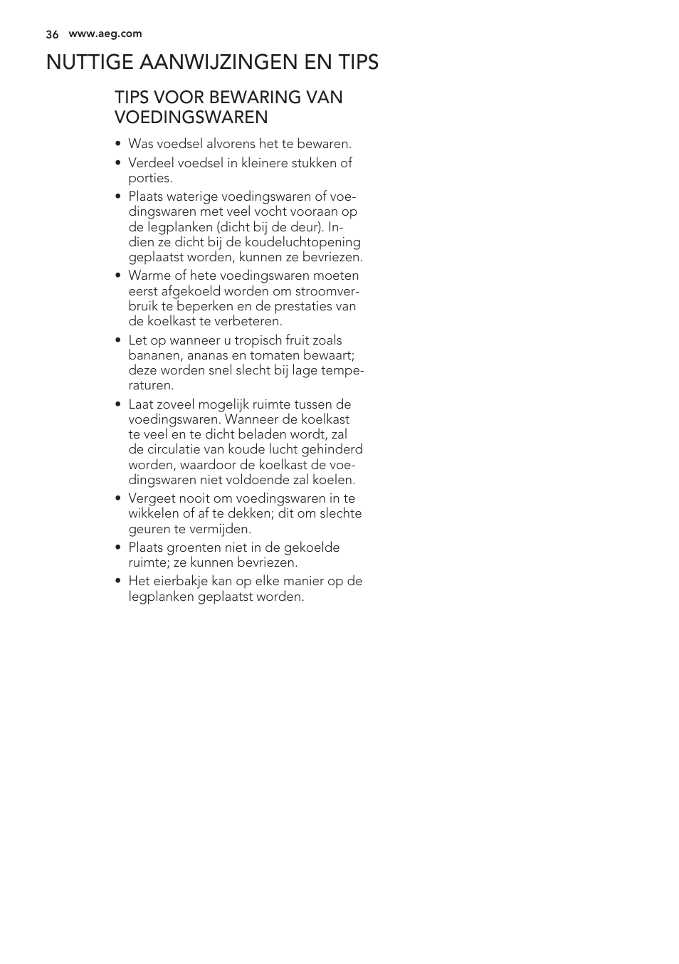 Nuttige aanwijzingen en tips, Tips voor bewaring van voedingswaren | AEG S56090XNS1 User Manual | Page 36 / 200