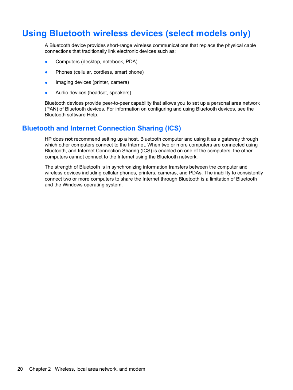 Bluetooth and internet connection sharing (ics) | HP Pavilion dv6-4051nr Entertainment Notebook PC User Manual | Page 26 / 107