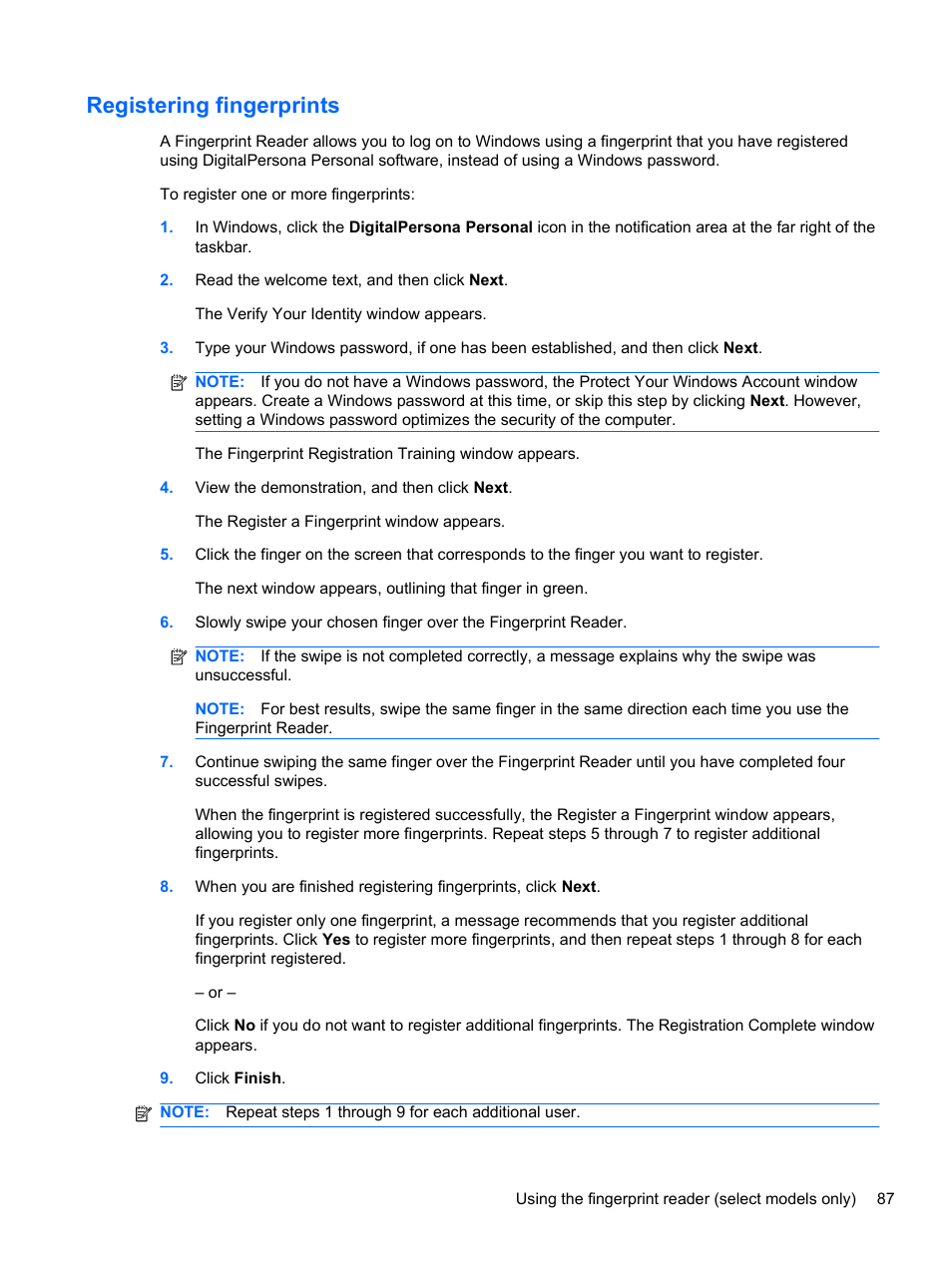 Registering fingerprints | HP Pavilion dv6-4051nr Entertainment Notebook PC User Manual | Page 93 / 107