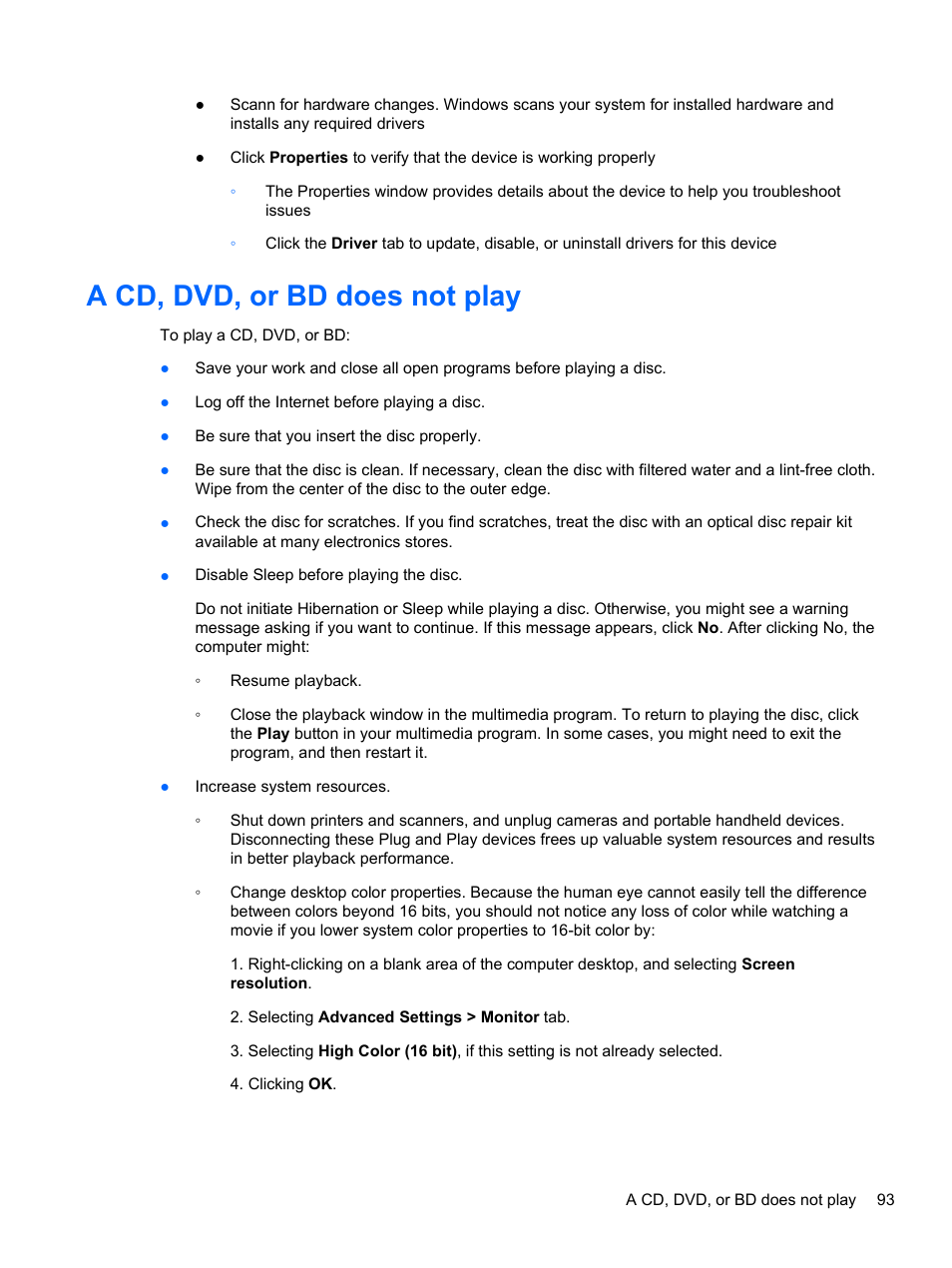 A cd, dvd, or bd does not play | HP Pavilion dv6-4051nr Entertainment Notebook PC User Manual | Page 99 / 107