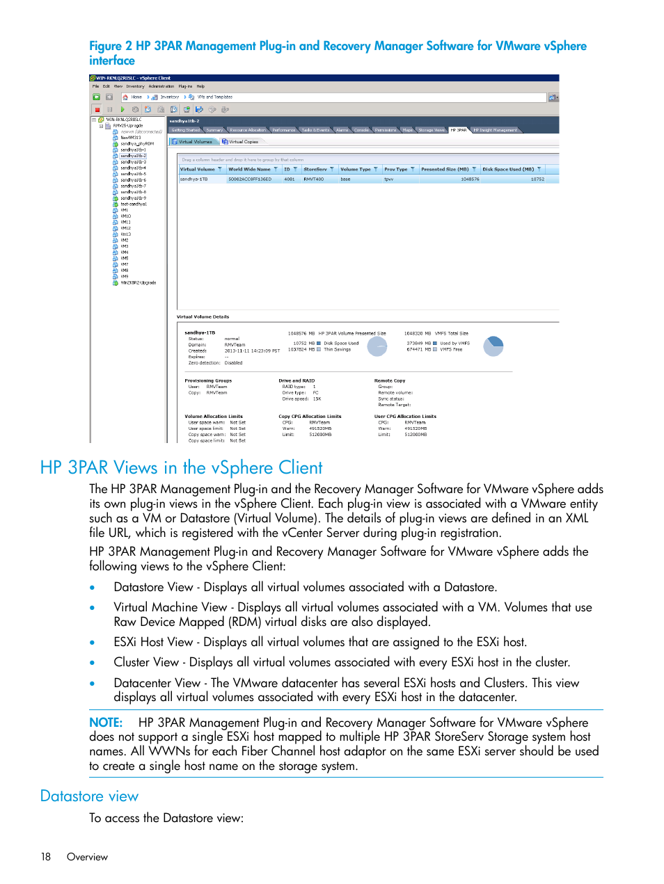 Hp 3par views in the vsphere client, Datastore view | HP 3PAR Application Software Suite for VMware Licenses User Manual | Page 18 / 117