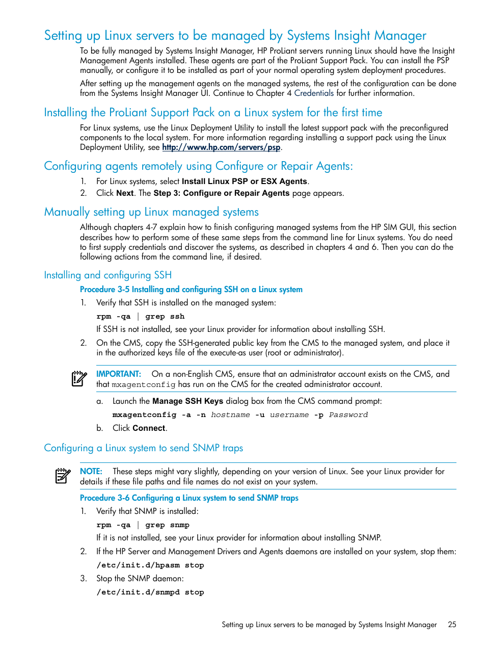 Manually setting up linux managed systems, Installing and configuring ssh, Configuring a linux system to send snmp traps | HP Systems Insight Manager User Manual | Page 25 / 187