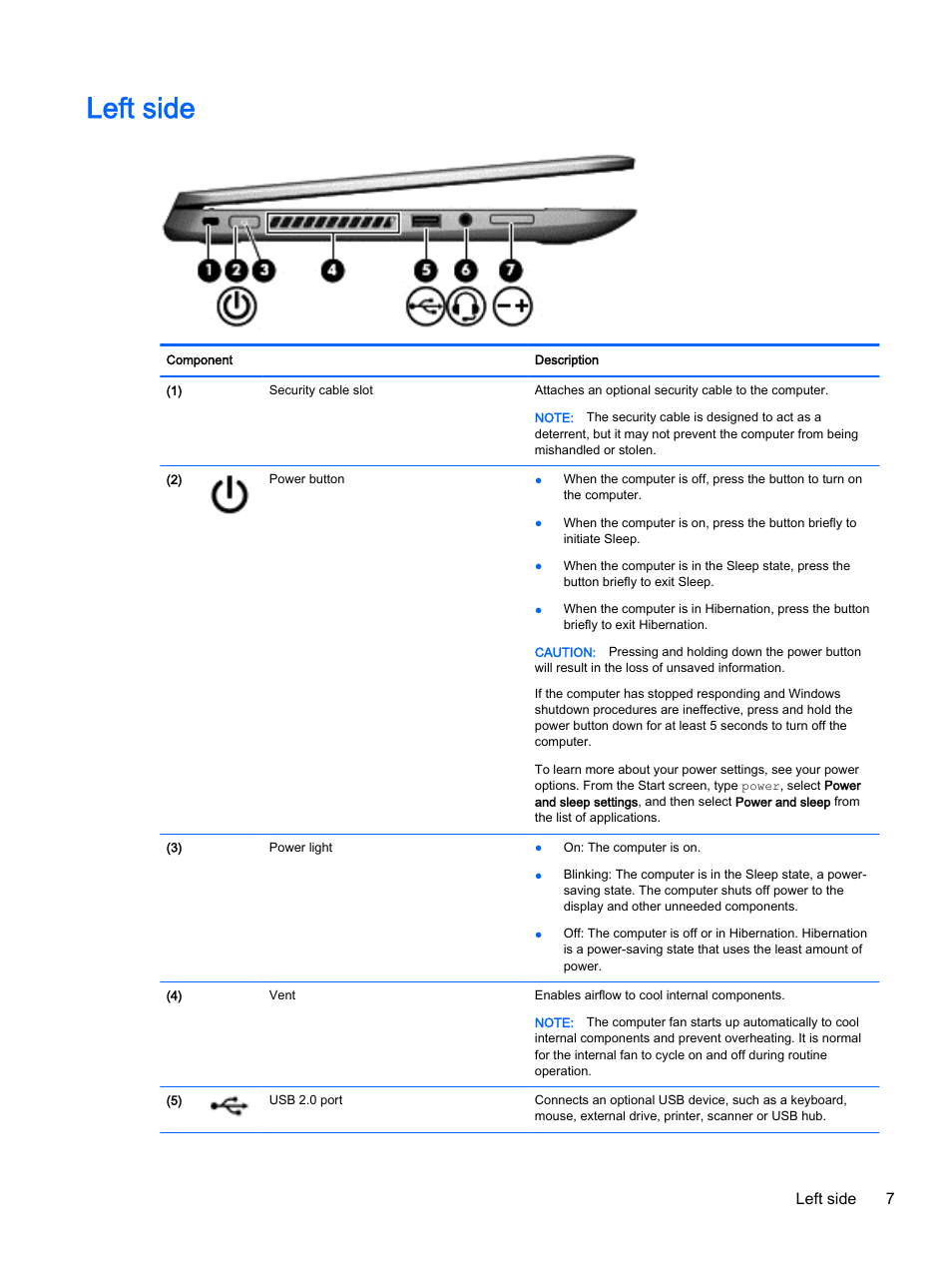 Left side, Left side 7 | HP x360 310 G1 Convertible PC User Manual | Page 15 / 72