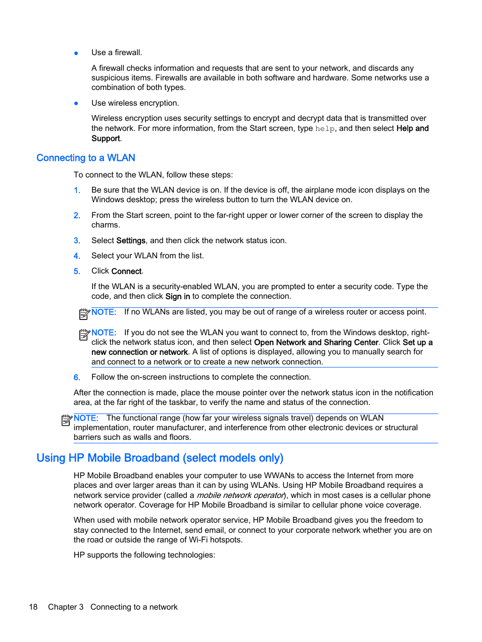 Connecting to a wlan, Using hp mobile broadband (select models only) | HP x360 310 G1 Convertible PC User Manual | Page 26 / 72
