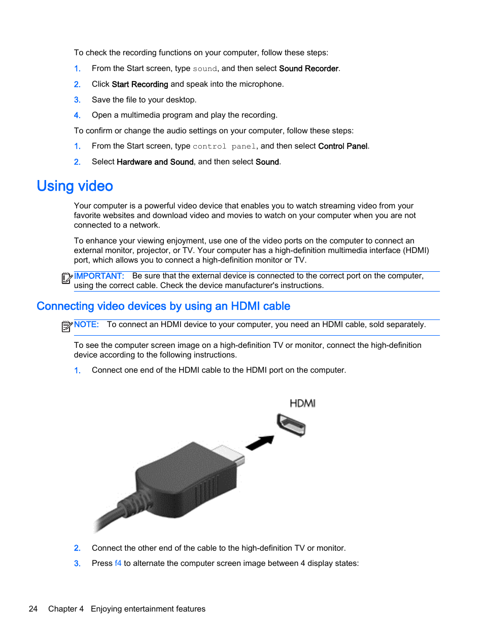 Using video, Connecting video devices by using an hdmi cable, Connecting | HP x360 310 G1 Convertible PC User Manual | Page 32 / 72