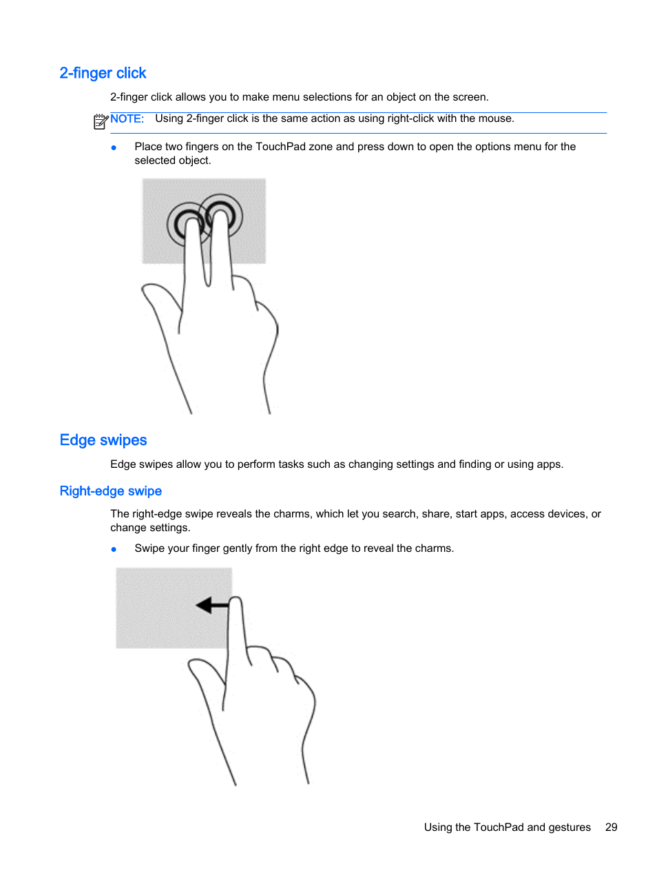 Finger click, Edge swipes, Right-edge swipe | Finger click edge swipes | HP x360 310 G1 Convertible PC User Manual | Page 37 / 72