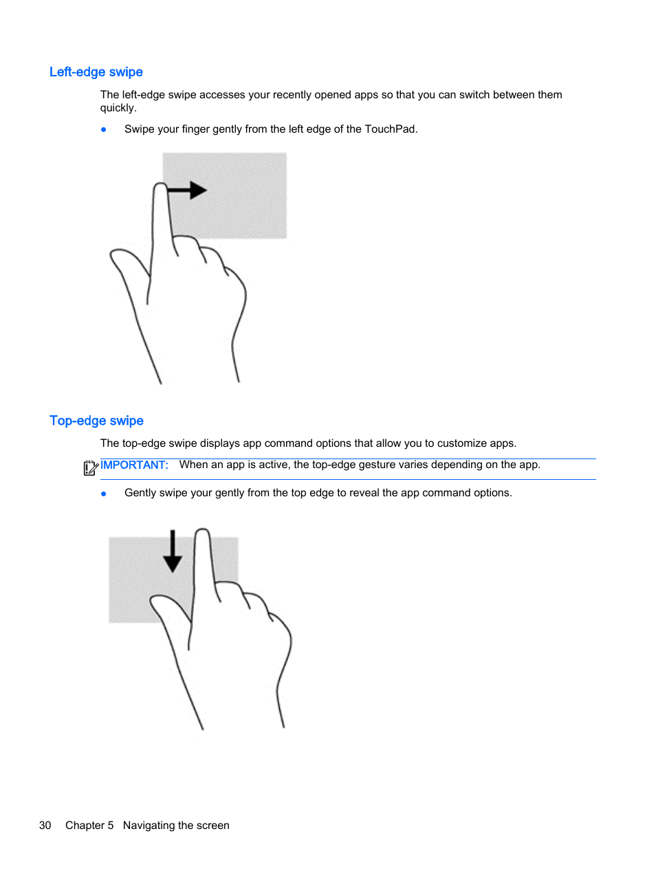Left-edge swipe, Top-edge swipe, Left-edge swipe top-edge swipe | HP x360 310 G1 Convertible PC User Manual | Page 38 / 72