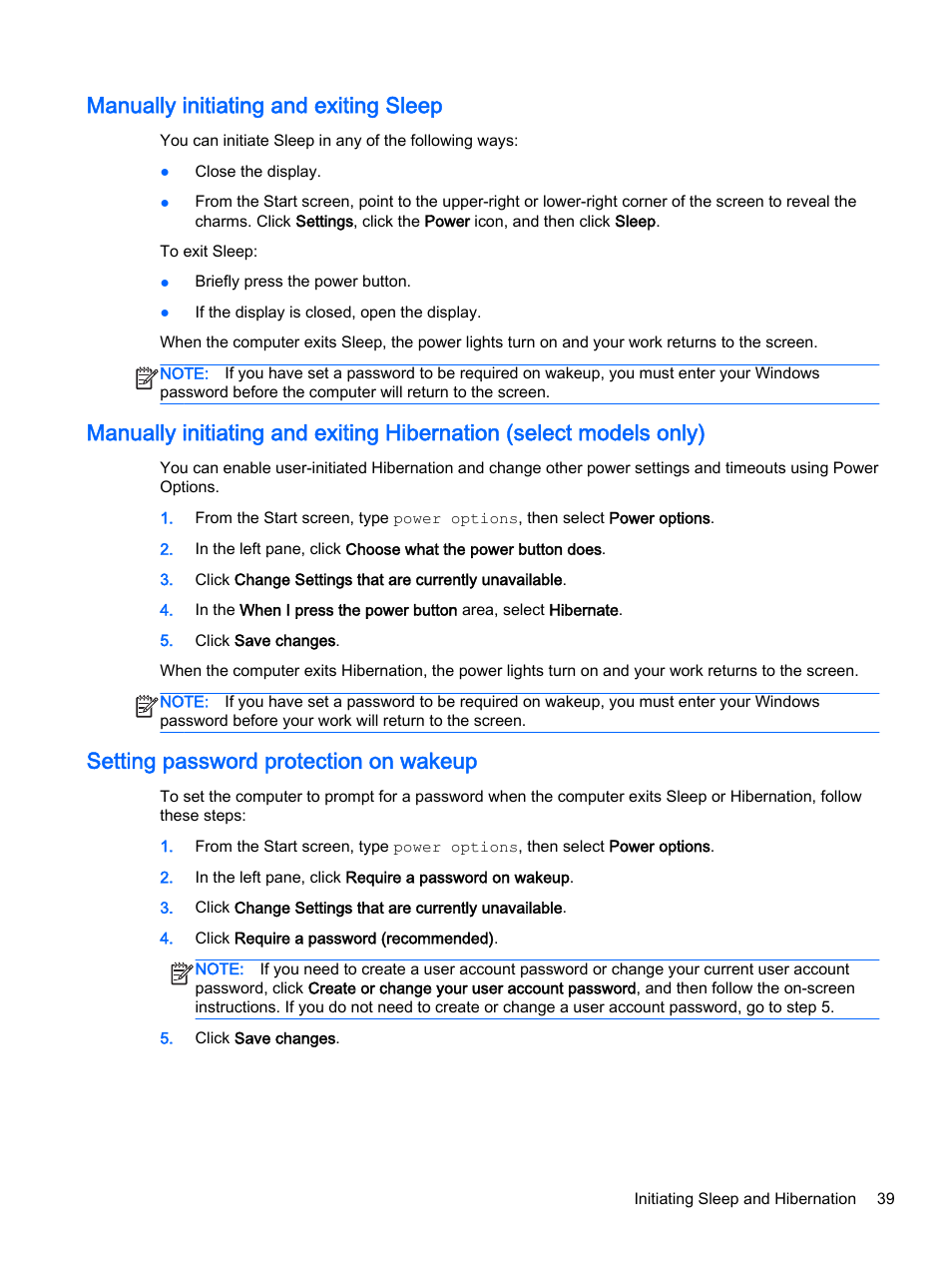 Manually initiating and exiting sleep, Setting password protection on wakeup, Manually | HP x360 310 G1 Convertible PC User Manual | Page 47 / 72