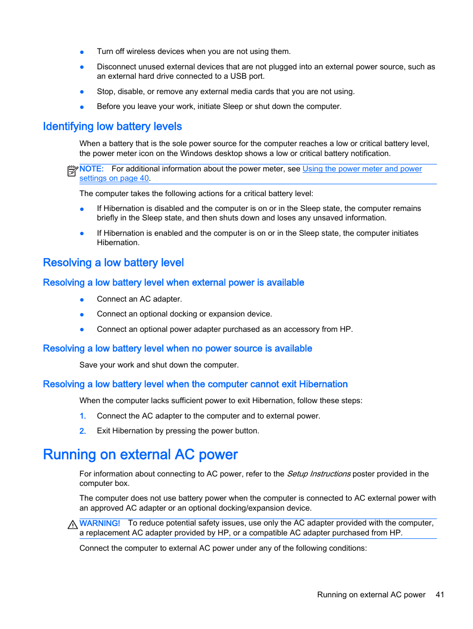 Identifying low battery levels, Resolving a low battery level, Running on external ac power | HP x360 310 G1 Convertible PC User Manual | Page 49 / 72