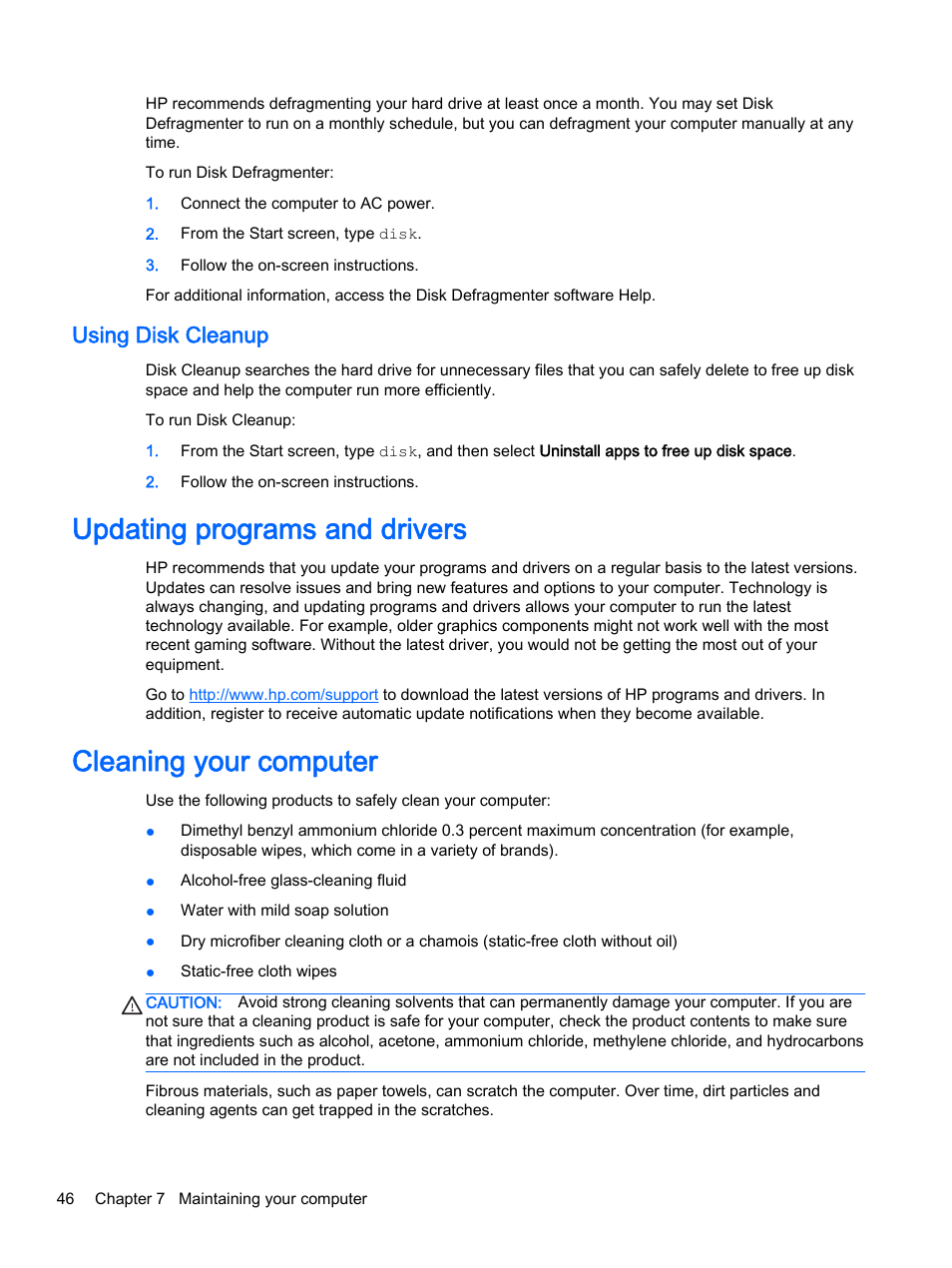 Using disk cleanup, Updating programs and drivers, Cleaning your computer | HP x360 310 G1 Convertible PC User Manual | Page 54 / 72
