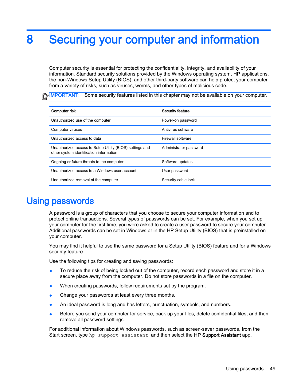 Securing your computer and information, Using passwords, 8 securing your computer and information | 8securing your computer and information | HP x360 310 G1 Convertible PC User Manual | Page 57 / 72