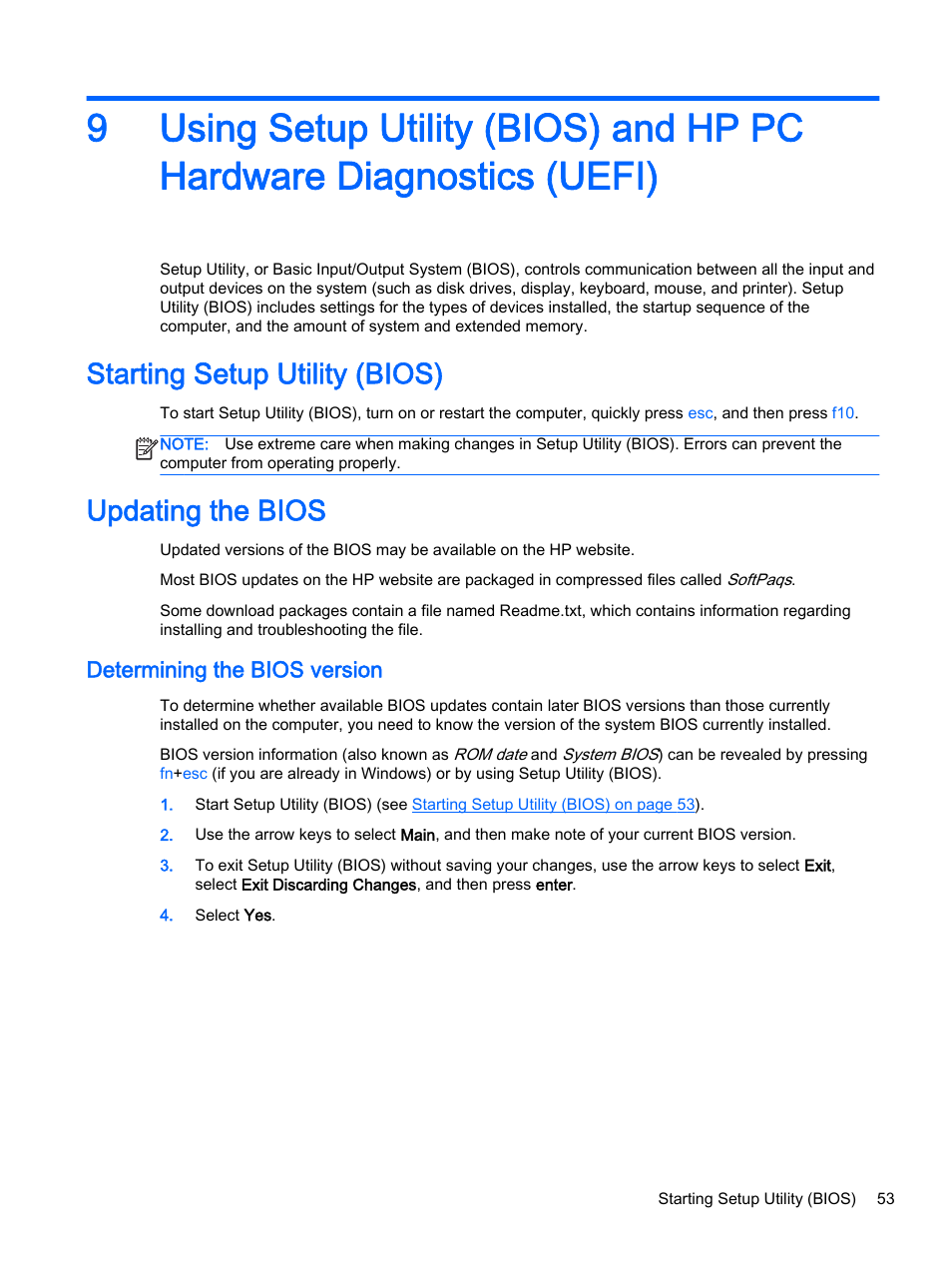 Starting setup utility (bios), Updating the bios, Determining the bios version | Starting setup utility (bios) updating the bios | HP x360 310 G1 Convertible PC User Manual | Page 61 / 72