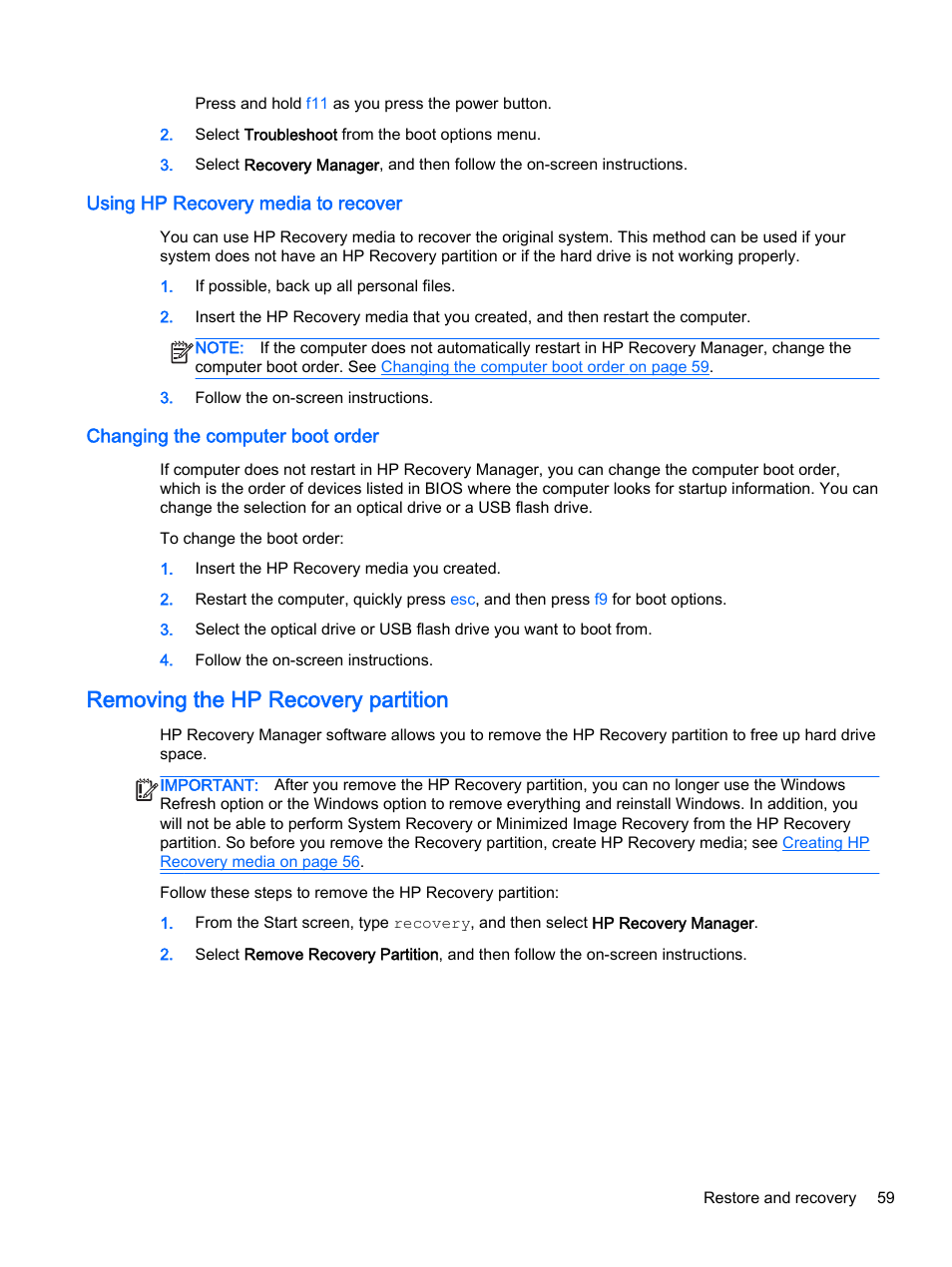 Using hp recovery media to recover, Changing the computer boot order, Removing the hp recovery partition | HP x360 310 G1 Convertible PC User Manual | Page 67 / 72