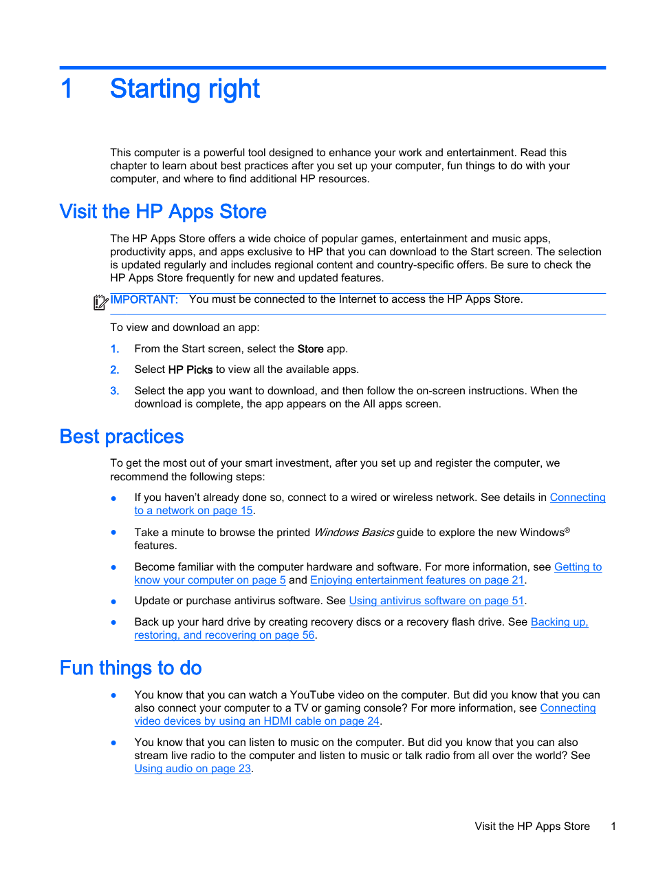 Starting right, Visit the hp apps store, Best practices | Fun things to do, 1 starting right, 1starting right | HP x360 310 G1 Convertible PC User Manual | Page 9 / 72