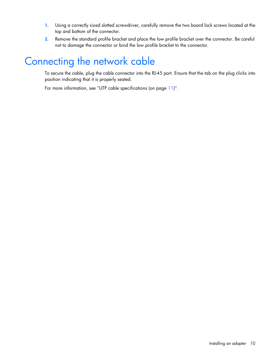 Connecting the network cable | HP Ethernet 10Gb 2-port 530T Adapter User Manual | Page 10 / 16