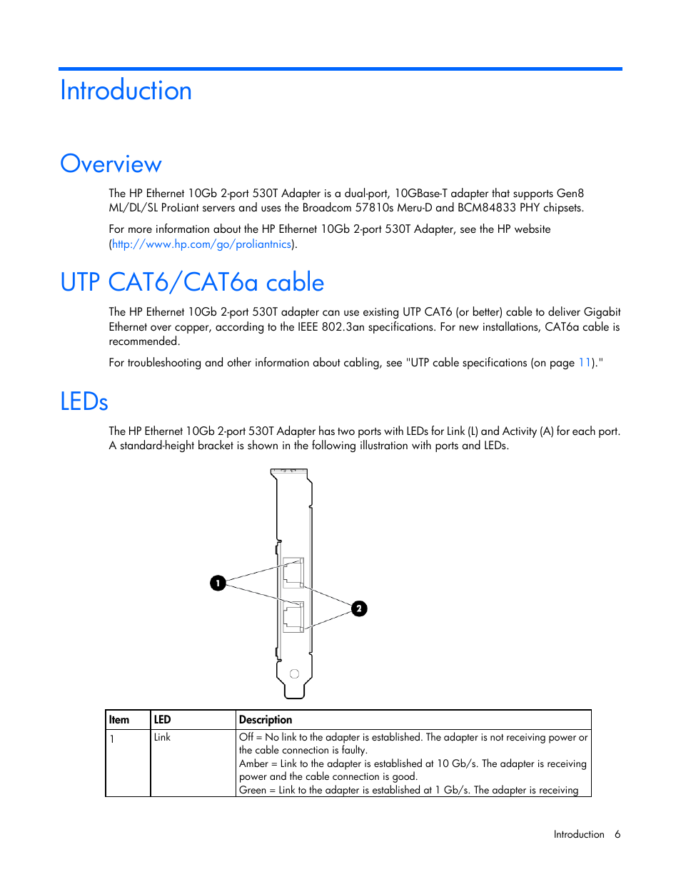 Introduction, Overview, Utp cat6/cat6a cable | Leds | HP Ethernet 10Gb 2-port 530T Adapter User Manual | Page 6 / 16