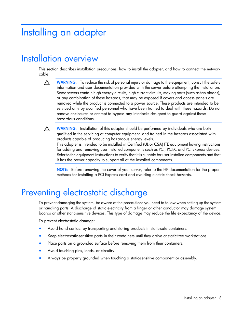 Installing an adapter, Installation overview, Preventing electrostatic discharge | HP Ethernet 10Gb 2-port 530T Adapter User Manual | Page 8 / 16