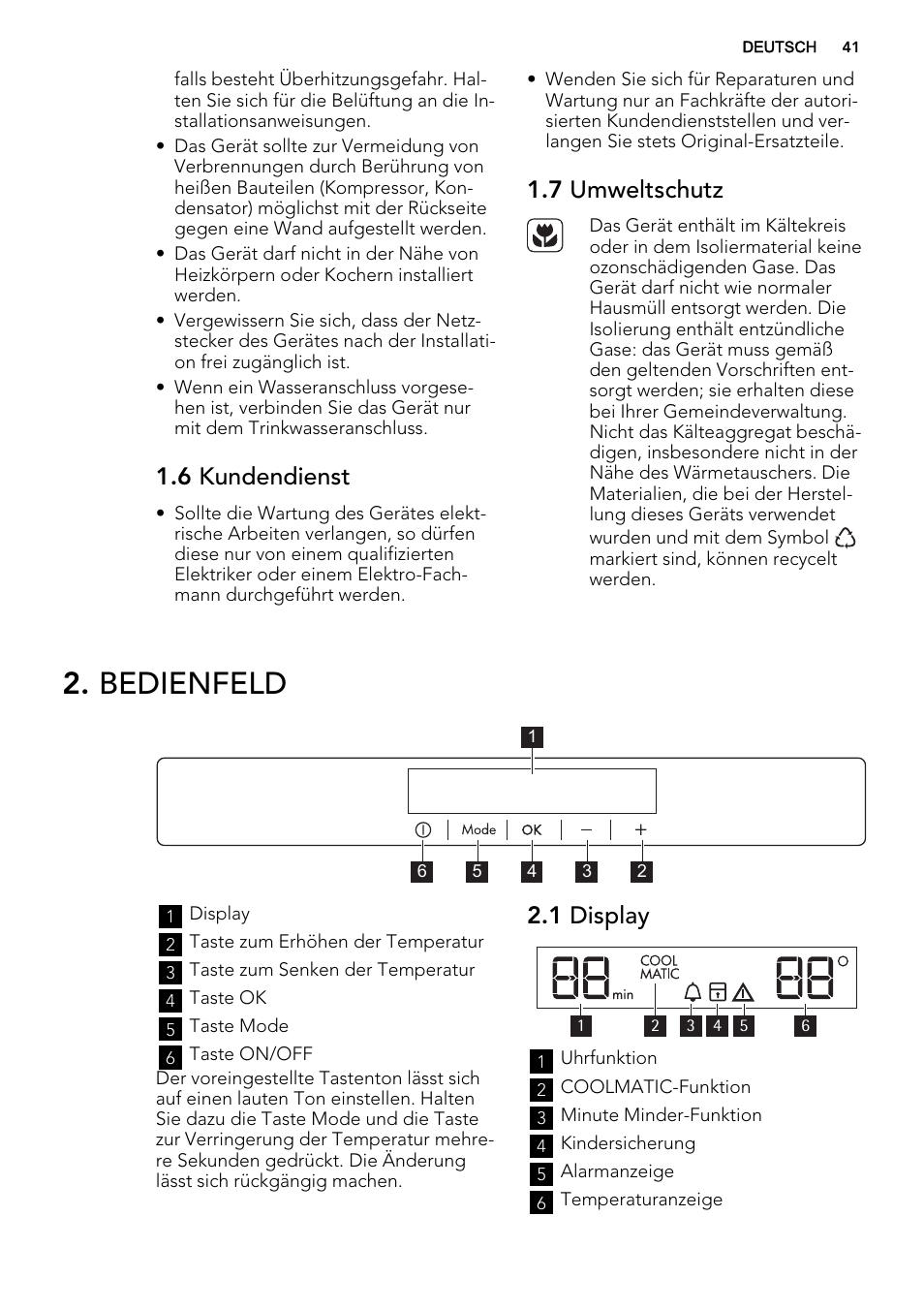 Bedienfeld, 6 kundendienst, 7 umweltschutz | 1 display | AEG S93000KZM0 User Manual | Page 41 / 80